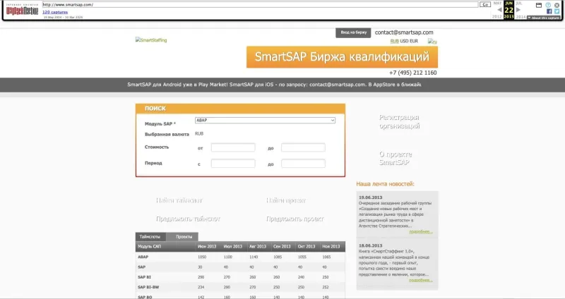 SmartSAP — «Биржа квалификаций» (22.06.2013): поиск таймслотов, анонс приложения для Android, новость о книге «СмартСтаффинг 1.0». Логотип в архиве не сохранился